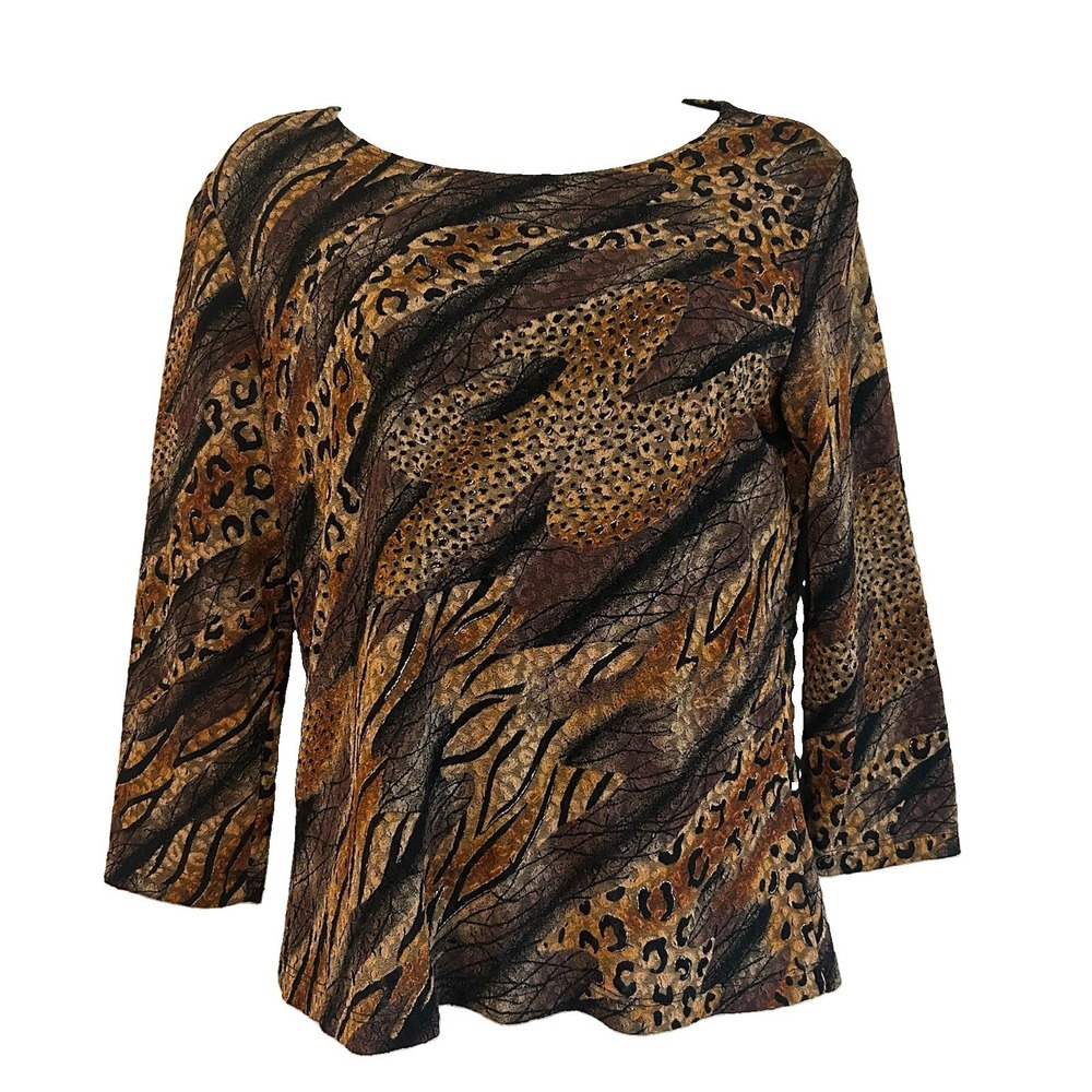 Vtg USA Made Animal Print Leopard Top Sz M Sheer Stretch Brittany Black - Picture 1 of 12